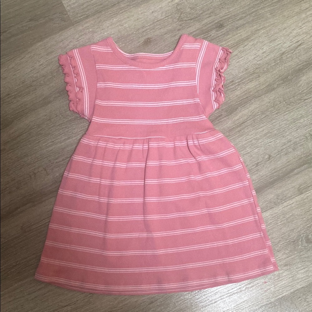 Pink and White A-line Dress with Flutter Cap Sleeves